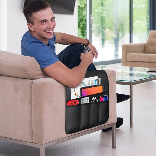 WETRBWEH TV Remote Control Holder Couch Caddy, Non-slip Bedside Caddy Organizer with 5 Pockets for Key Glasses Phone Magazine Holders (Black, 35"x12.4") - Image 2