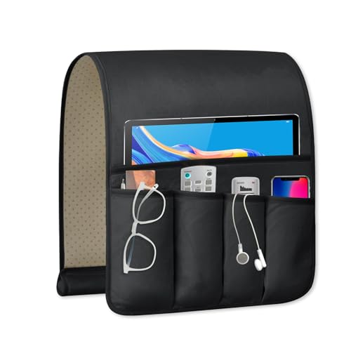 WETRBWEH TV Remote Control Holder Couch Caddy, Non-slip Bedside Caddy Organizer with 5 Pockets for Key Glasses Phone Magazine Holders (Black, 35"x12.4") - Image 1
