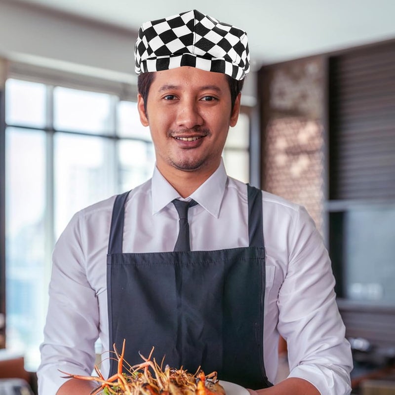 Chef Beret Hat Black White Checkered Kitchen Cooking Cap Food Service Uniform for Men Women Restaurant Waiter Attire - Image 5