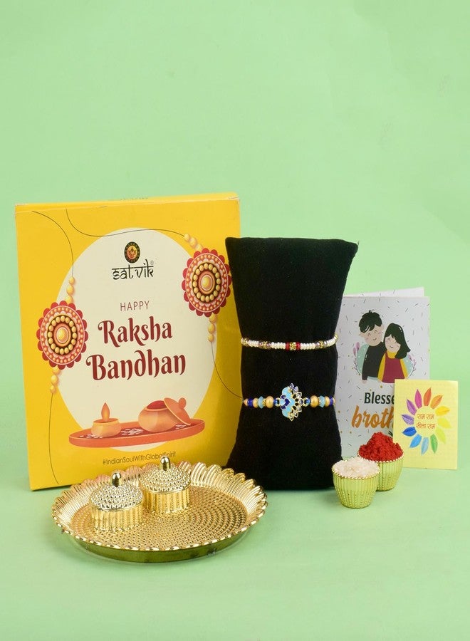 SATVIK STORE SATVIK 2 Pc Rakhi for Brother Bhaiya Bhabhi Traditional Handmade Quality Assorted Designer Rakhi Set Roli Chawal, Greeting Card & Soun Stickers Rakhi Thread Rakhdi Bracelets Rakshabandhan (Design 10) - Image 4
