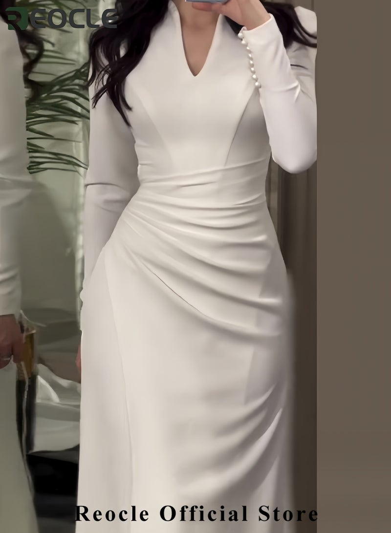 ريوكل فستان ماكسي أنيق للنساء بلون سادة وأكمام طويلة وبطول الساق وخط A، فستان ماكسي بلون سادة وقصة ضيقة ونمط لطيف وأكمام طويلة مطوي للحفلات - Image 3