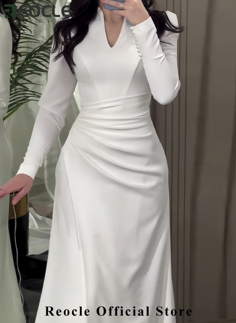 ريوكل فستان ماكسي أنيق للنساء بلون سادة وأكمام طويلة وبطول الساق وخط A، فستان ماكسي بلون سادة وقصة ضيقة ونمط لطيف وأكمام طويلة مطوي للحفلات - Image 4