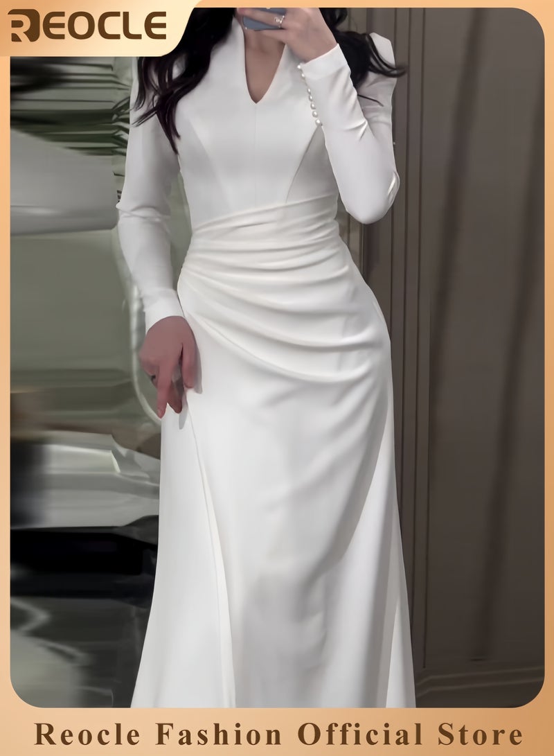 ريوكل فستان ماكسي أنيق للنساء بلون سادة وأكمام طويلة وبطول الساق وخط A، فستان ماكسي بلون سادة وقصة ضيقة ونمط لطيف وأكمام طويلة مطوي للحفلات - Image 1