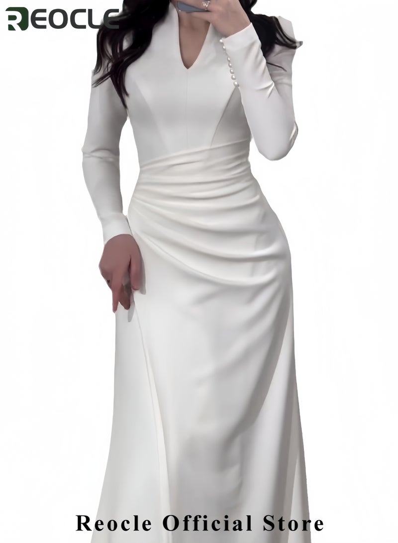 ريوكل فستان ماكسي أنيق للنساء بلون سادة وأكمام طويلة وبطول الساق وخط A، فستان ماكسي بلون سادة وقصة ضيقة ونمط لطيف وأكمام طويلة مطوي للحفلات - Image 2