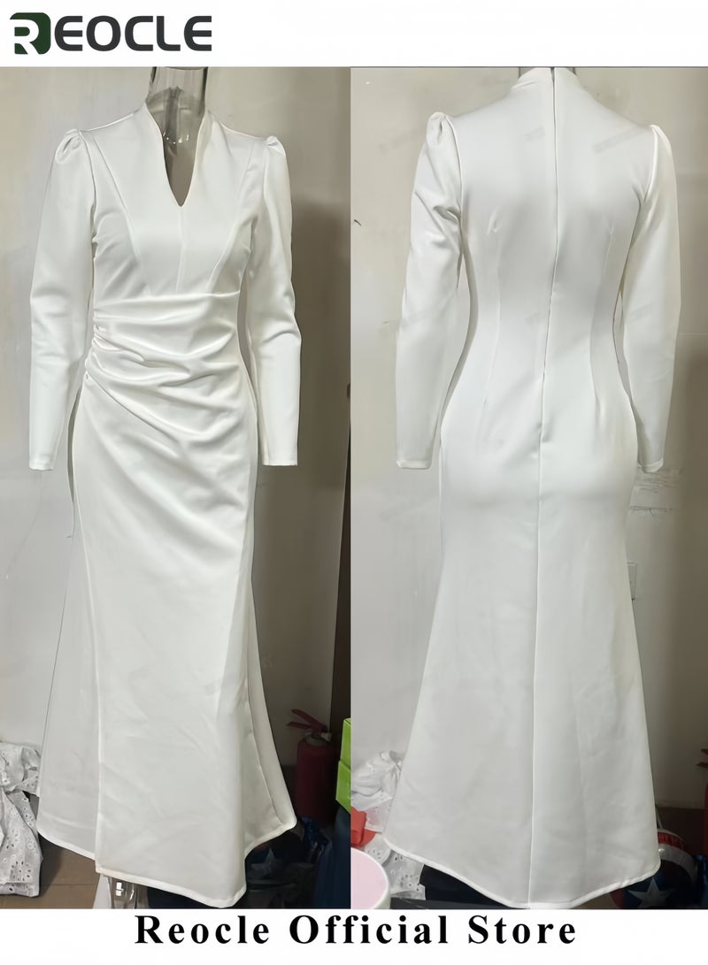 ريوكل فستان ماكسي أنيق للنساء بلون سادة وأكمام طويلة وبطول الساق وخط A، فستان ماكسي بلون سادة وقصة ضيقة ونمط لطيف وأكمام طويلة مطوي للحفلات - Image 5