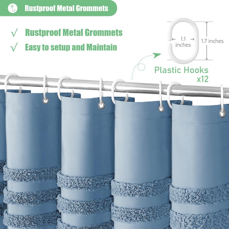 Dynamene Extra Surtains Long Shower 72 × 84 بوصات معنقدة شنيل مخططة نسيج حمام الستار الطويل الطويل المتهالك الأنيق الستار القماش المائي مجموعة مع خطافات القمر الأزرق - Image 4