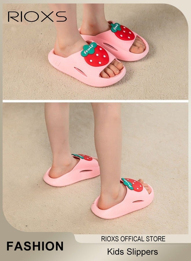 Kids Flat Slippers, Cute Patterns Toddler Unisex Slippers, Comfy Slip-on Slippers for Boys Girls, Anti-Slip Shower Sliders, Soft Sole Open Toe Sandals, Quick Dry Bath Slides, Slippers for Bathroom Summer Pool,  Indoor Outdoor Beach Slippers, Pink Strawberry Slippers - Image 2