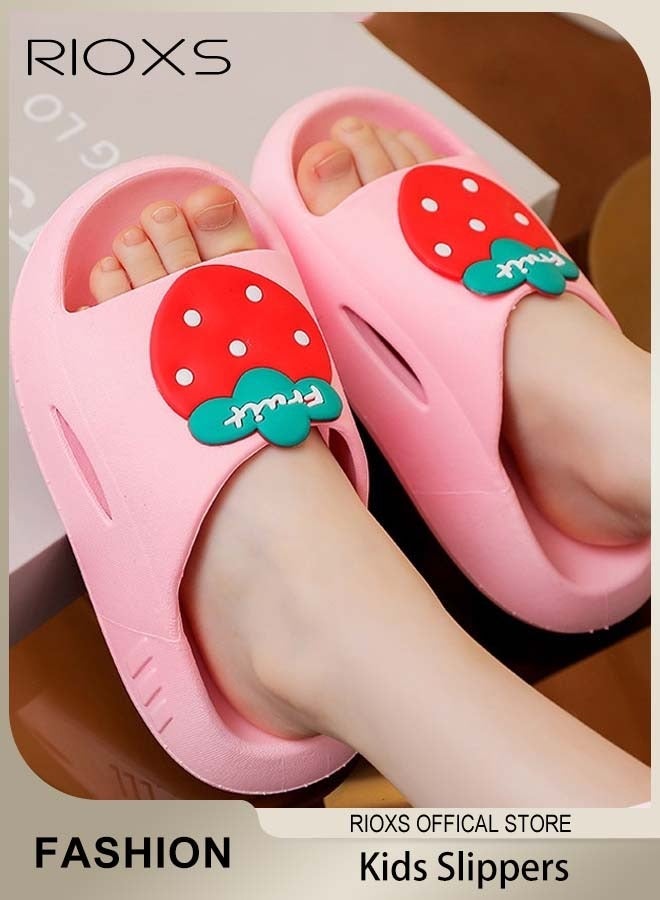 Kids Flat Slippers, Cute Patterns Toddler Unisex Slippers, Comfy Slip-on Slippers for Boys Girls, Anti-Slip Shower Sliders, Soft Sole Open Toe Sandals, Quick Dry Bath Slides, Slippers for Bathroom Summer Pool,  Indoor Outdoor Beach Slippers, Pink Strawberry Slippers - Image 1