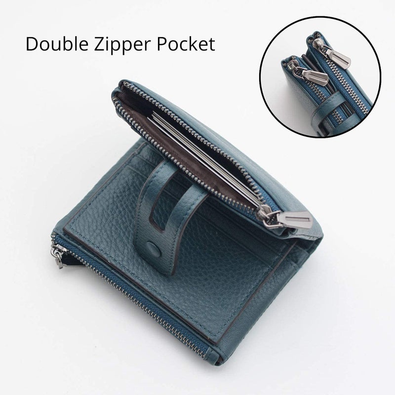 Bveyzi Small Soft Leather Wallet for Women RFID Blocking Ladies Card Holder with Double Zipper Pocket (Blue) - Image 4