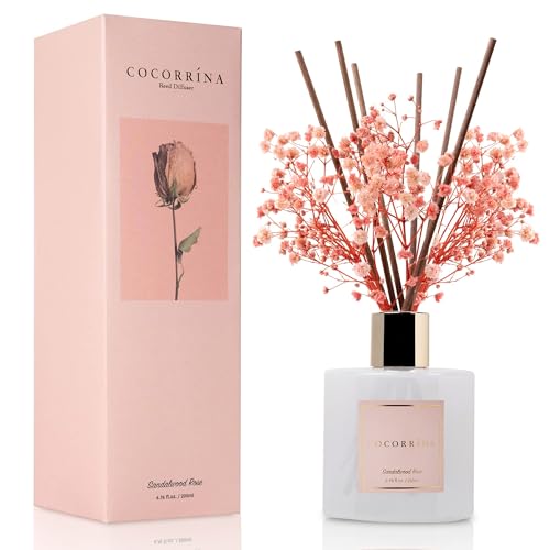 Cocorrna Premium Reed Diffuser Set with Preserved Babys Breath  Cotton Stick Sandalwood Rose  67oz Scent Fragrance Oil Diffuser for Bedroom Bathroom Home Dcor