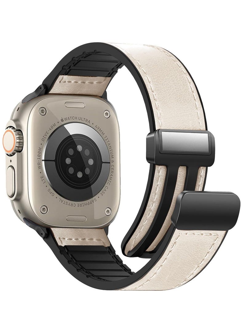 SYOSI Magnetic Leather Watch Band for Apple Watch, Fits 49mm, 45mm, 44mm, 42mm, with Magnetic Buckle, Genuine Leather Strap, Compatible with Apple Watch Ultra, Series 9/8/7, White - Image 1