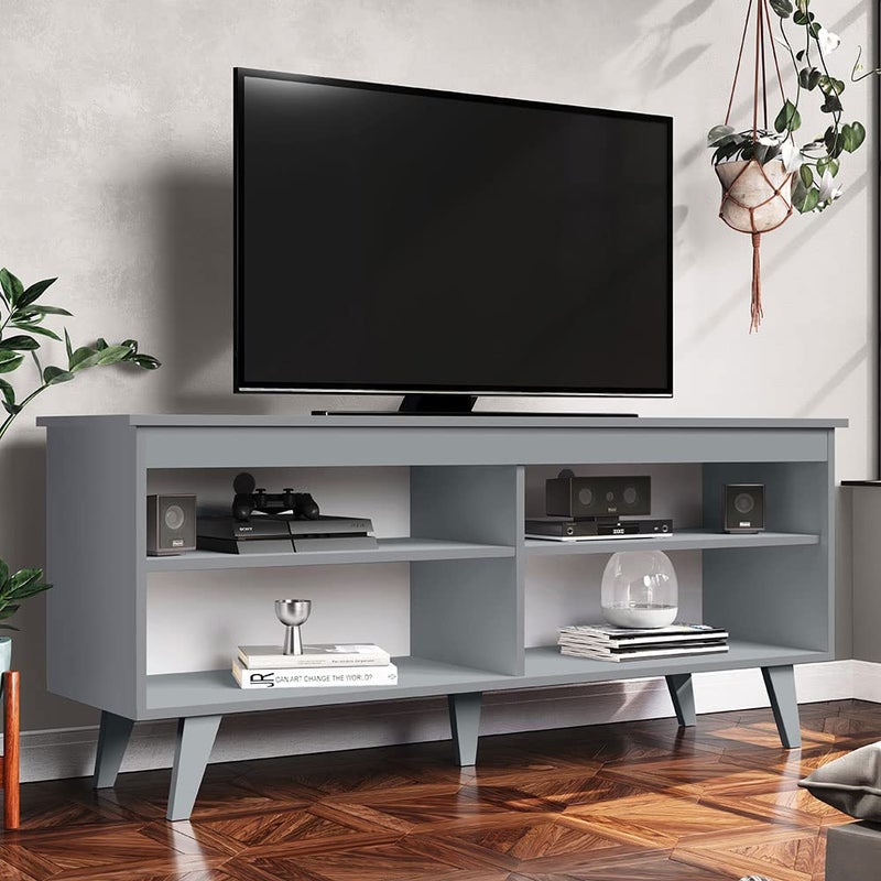Madesa TV Stand Cabinet with 4 Shelves and Cable management, TV Table Unit for TVs up to 55 Inches, Wooden, 58 H x 38 D x 136 L cm – Grey - Image 1