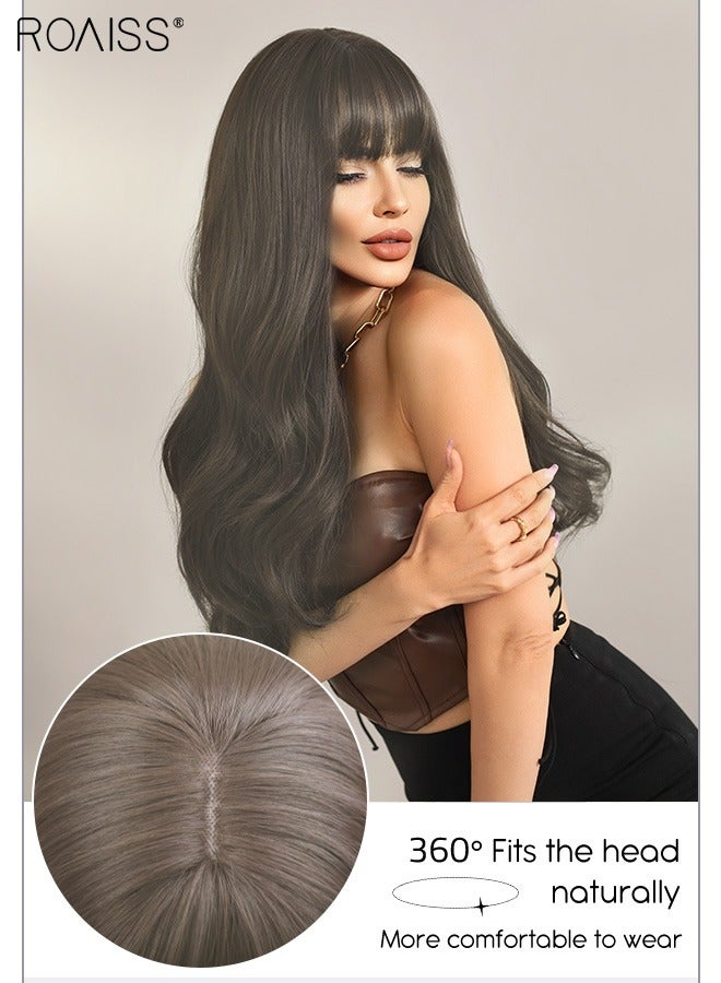 رويس شعر مستعار طويل مموج مع شعر ناصية للنساء، شعر مستعار صناعي ناعم طبيعي مقاوم للحرارة لحفلات الزفاف وحفلات التنكرية والارتداء اليومي، بني رمادي غامق، 65 سم (26 بوصة) - Image 4