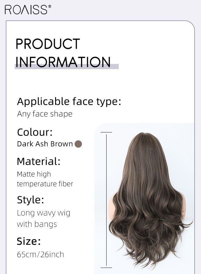 رويس شعر مستعار طويل مموج مع شعر ناصية للنساء، شعر مستعار صناعي ناعم طبيعي مقاوم للحرارة لحفلات الزفاف وحفلات التنكرية والارتداء اليومي، بني رمادي غامق، 65 سم (26 بوصة) - Image 3