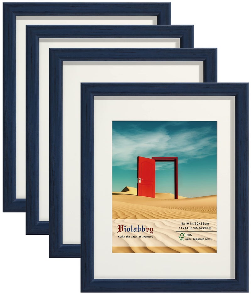 VIOLABBEY 11x14 Picture Frames Set of 4 Fits 8x10 Photo Frame with Ivory Mat or 11x14 Without Mat Wall or Tabletop Display Semi Tempered Glass Blue