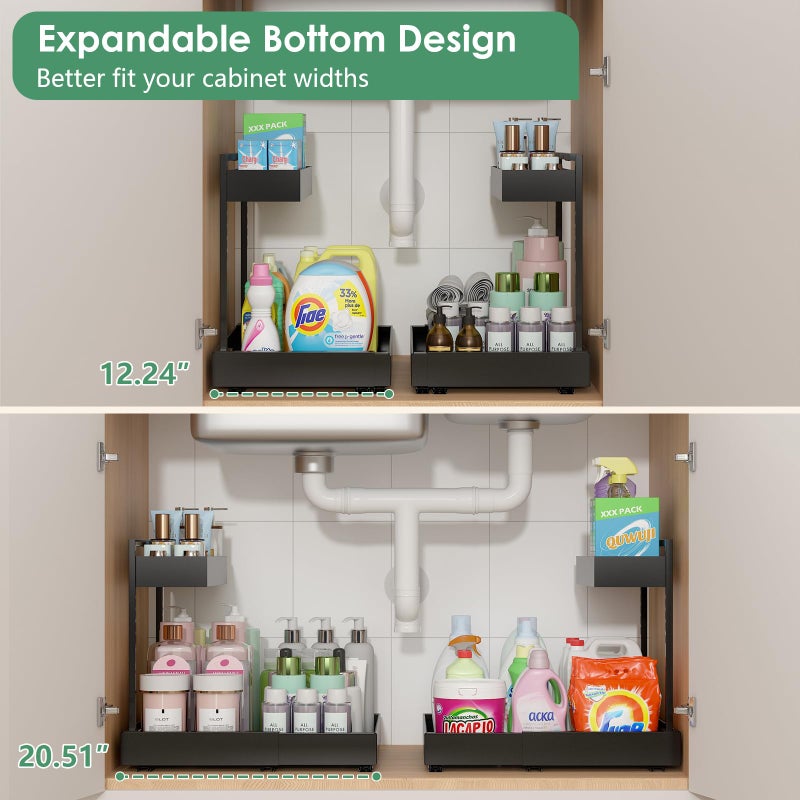 REALINN Expandable Under Sink Organizers and Storage, 2 Tier Under Cabinet Organizer, Heights Adjustable Pull Out Rack for Kitchen Bathroom Laundry, Black, 2 Pack - Image 2