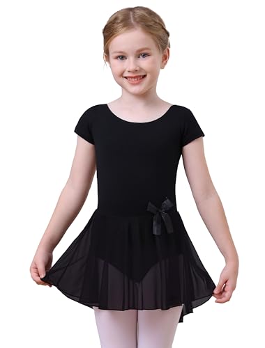 MdnMd Short Sleeve Ballet Leotard Dance Clothes Outfit for Girls with Tutu Skirt (Age 6-8, Black) - Image 1