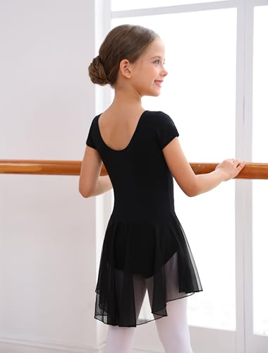 MdnMd Short Sleeve Ballet Leotard Dance Clothes Outfit for Girls with Tutu Skirt (Age 6-8, Black) - Image 2