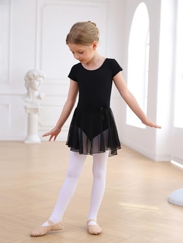 MdnMd Short Sleeve Ballet Leotard Dance Clothes Outfit for Girls with Tutu Skirt (Age 6-8, Black) - Image 3