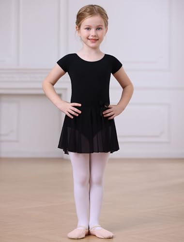 MdnMd Short Sleeve Ballet Leotard Dance Clothes Outfit for Girls with Tutu Skirt (Age 6-8, Black) - Image 5