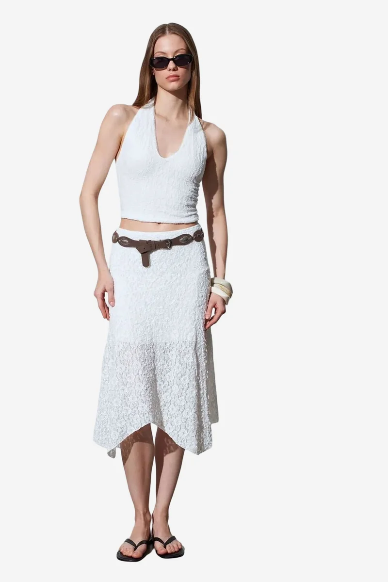 Dilvin White DILVIN High-Waist Lace A-Line Midi Skirt for Women | Best Price UAE