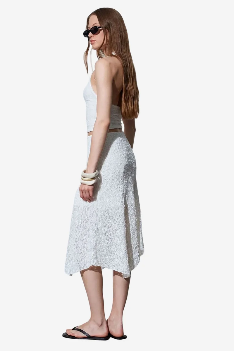 Dilvin White DILVIN High-Waist Lace A-Line Midi Skirt for Women | Best Price UAE