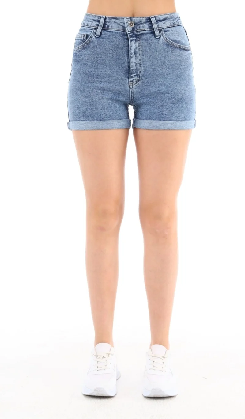 Cedy Denim Women Prague Blue High Waist Double Leg Denim Shorts Classic Mini Jean Shorts C604