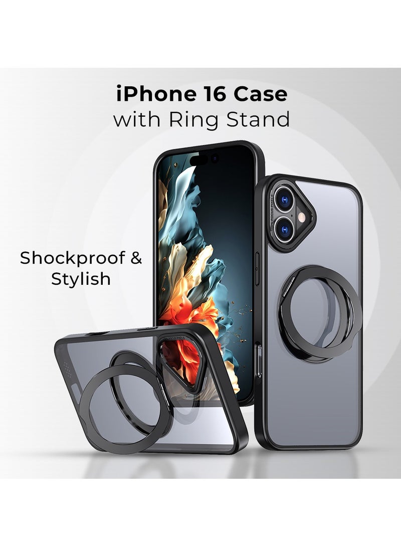 glassology iPhone 16 360° Rotate Ring Stand MagSafe Case Shockproof Wireless Charging Compatible Adjustable Kickstand (Black) - Image 2