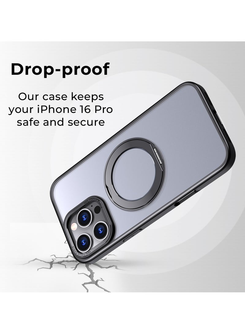 glassology iPhone 16 360° Rotate Ring Stand MagSafe Case Shockproof Wireless Charging Compatible Adjustable Kickstand (Black) - Image 3