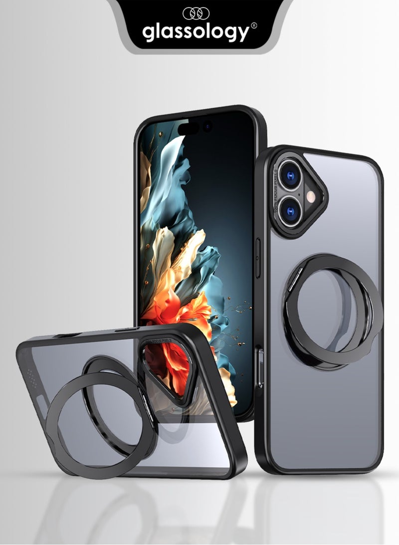 glassology iPhone 16 360° Rotate Ring Stand MagSafe Case Shockproof Wireless Charging Compatible Adjustable Kickstand (Black) - Image 1