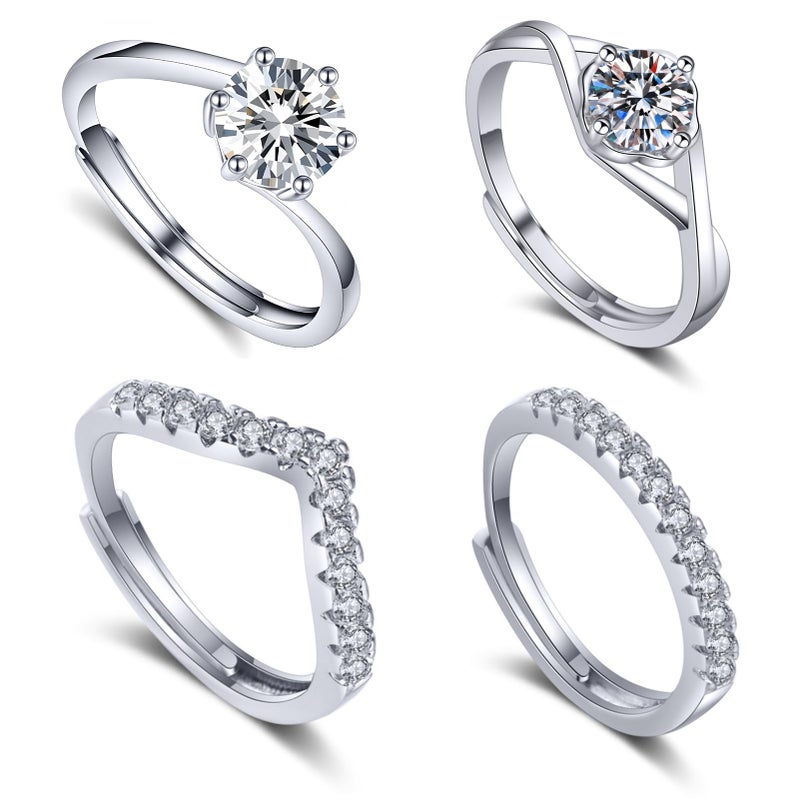YUEWEESER 4Pcs 925 Sterling Silver Rings for Women Men Adjustable Cubic Zirconia Promise Rings Open Thumb Ring Set Friendship Promise Jewelry Mother's Day Gifts for Anniversary - Image 1