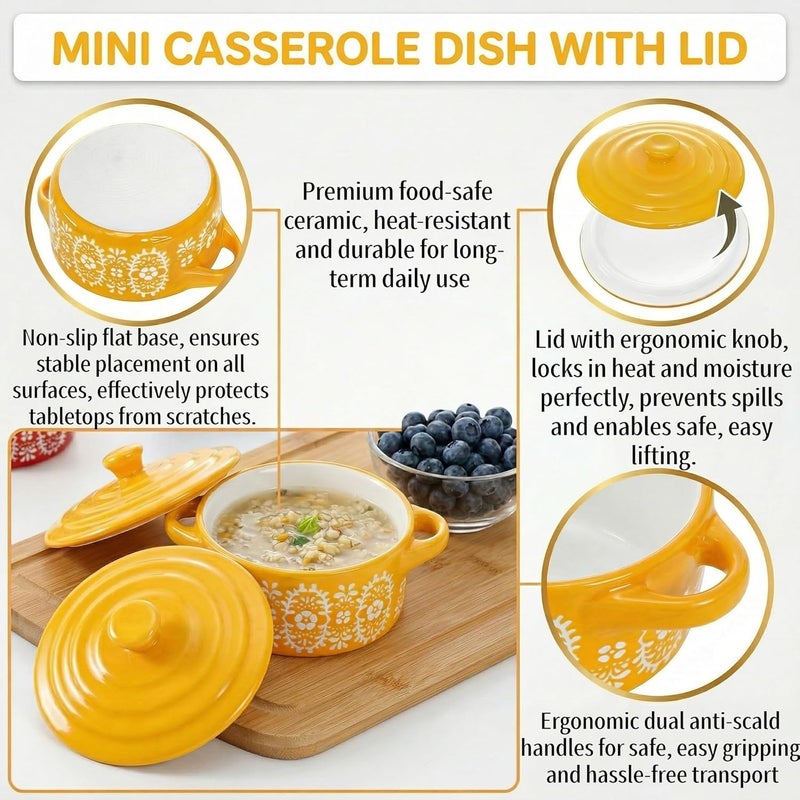 Goaste عبوة من 4 أطباق خزفية صغيرة مزودة بأغطية من ، بسعة 7 أونصات لكل طبق، بالإضافة إلى طبق كاسرول صغير مستدير مزود بمقبض، ومجموعة أوعية خزفية دائرية، وأطباق خبز صغيرة منفصلة لتحضير السفليه، والكريم بروليه، وكعكة اللافا، والحساء (بأربعة ألوان). - Image 4