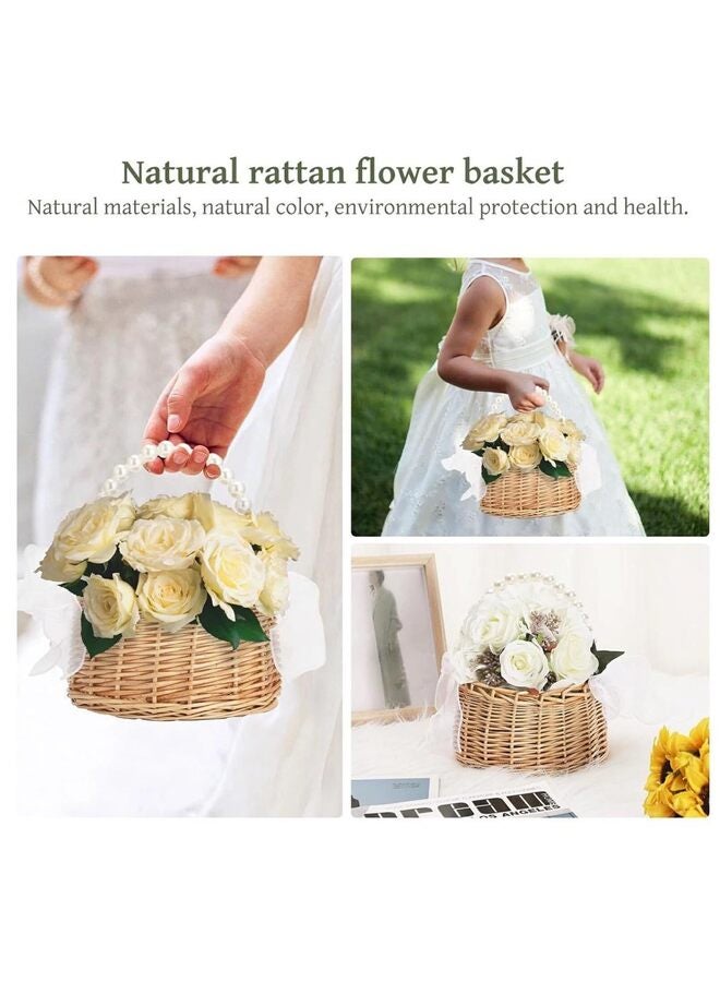 Wedding Flower Girl Basket with Pearl Handle and Ribbon Bow - Elegant Cute Small Wicker Rattan Flower Girl Basket for Outdoor Picnic Home Wedding Party Decoration  - Image 3
