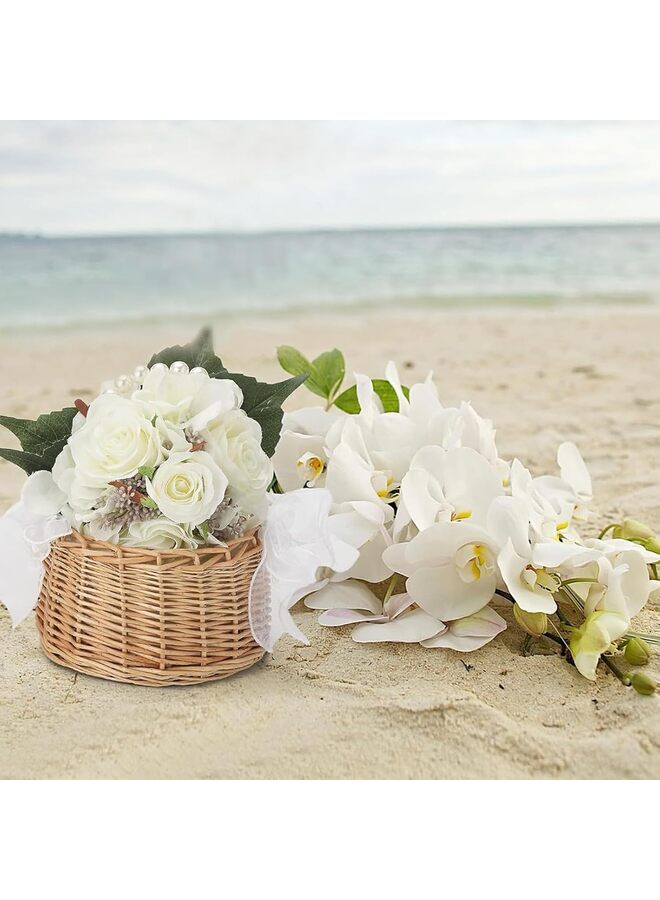 Wedding Flower Girl Basket with Pearl Handle and Ribbon Bow - Elegant Cute Small Wicker Rattan Flower Girl Basket for Outdoor Picnic Home Wedding Party Decoration  - Image 4