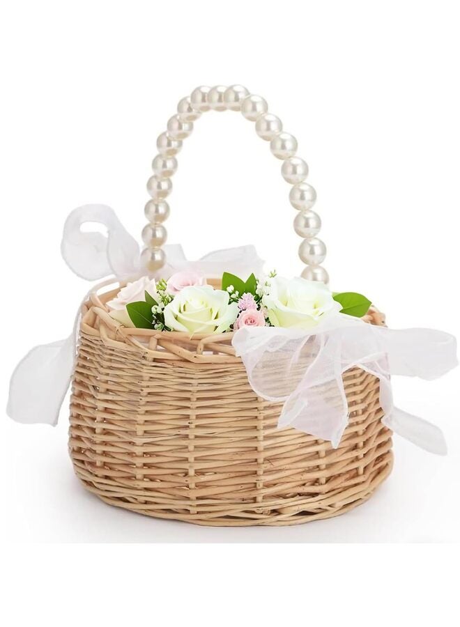 Wedding Flower Girl Basket with Pearl Handle and Ribbon Bow - Elegant Cute Small Wicker Rattan Flower Girl Basket for Outdoor Picnic Home Wedding Party Decoration  - Image 1