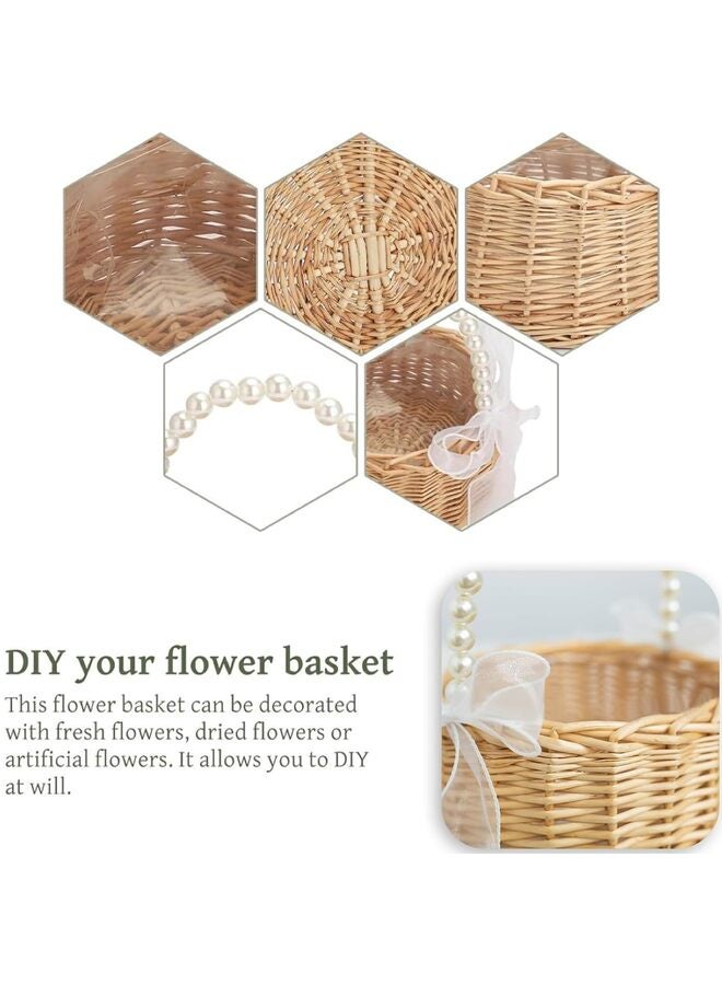 Wedding Flower Girl Basket with Pearl Handle and Ribbon Bow - Elegant Cute Small Wicker Rattan Flower Girl Basket for Outdoor Picnic Home Wedding Party Decoration  - Image 2