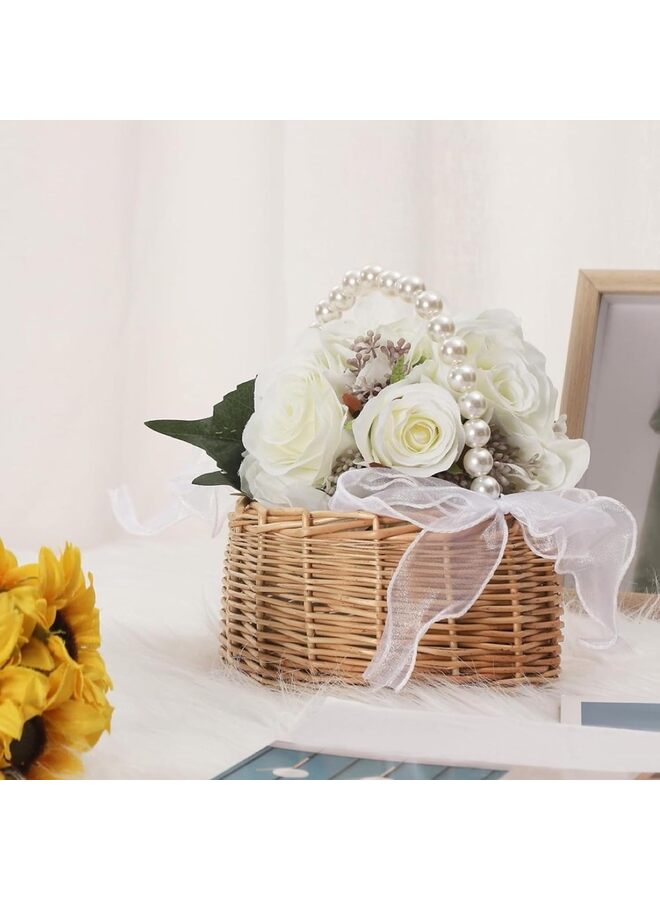 Wedding Flower Girl Basket with Pearl Handle and Ribbon Bow - Elegant Cute Small Wicker Rattan Flower Girl Basket for Outdoor Picnic Home Wedding Party Decoration  - Image 5