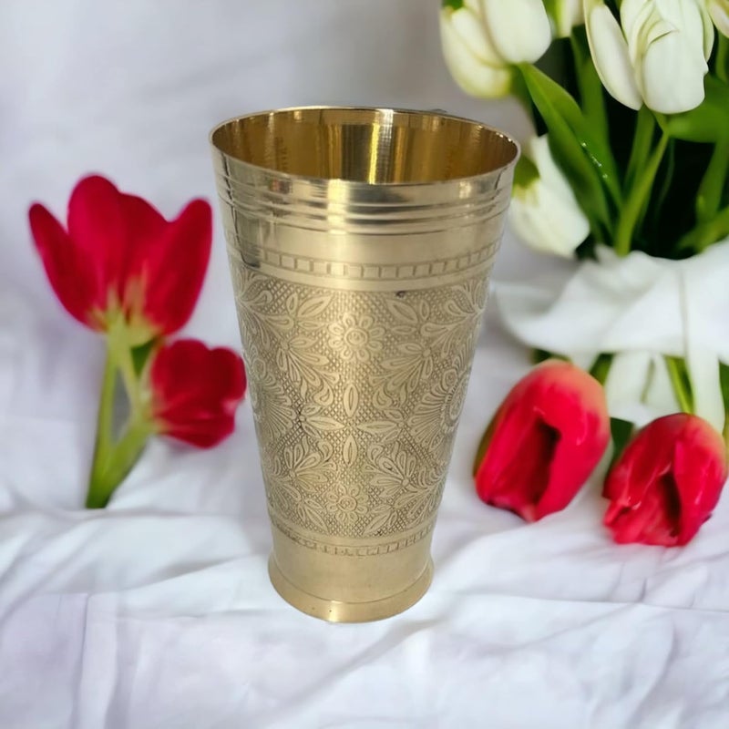 Piepot Pure Brass Lassi Water Juice Glass with Embossed Design Size14 Cm Color Golden Capacity 500 ML - Image 1