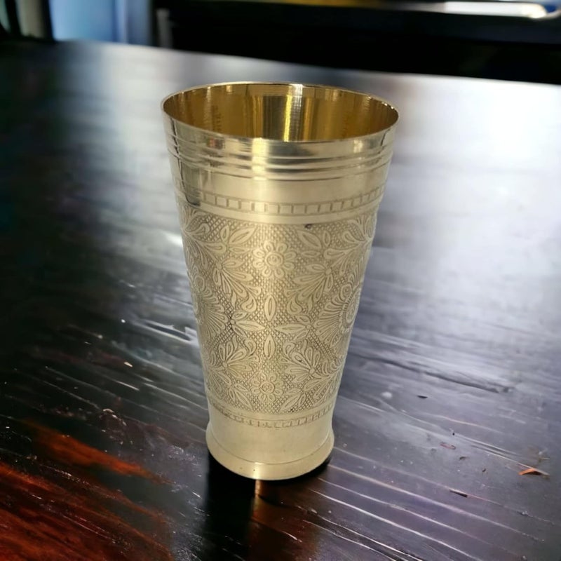 Piepot Pure Brass Lassi Water Juice Glass with Embossed Design Size14 Cm Color Golden Capacity 500 ML - Image 4
