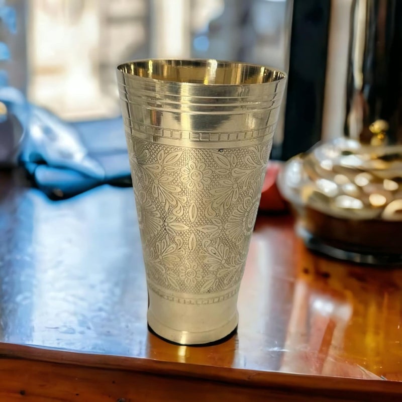 Piepot Pure Brass Lassi Water Juice Glass with Embossed Design Size14 Cm Color Golden Capacity 500 ML - Image 2