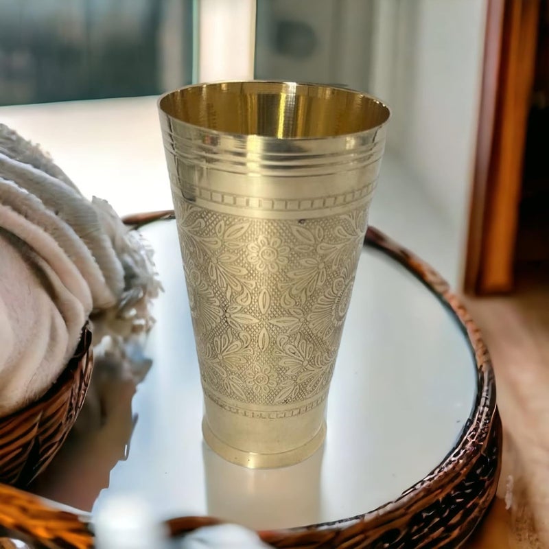 Piepot Pure Brass Lassi Water Juice Glass with Embossed Design Size14 Cm Color Golden Capacity 500 ML - Image 3