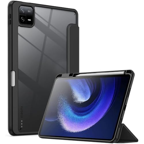 Casotec Clear Back Case for Xiaomi Mi Pad 6 11 inch | Right-Side Pencil Holder | Auto Wake/Sleep | Transparent PC Back | Soft TPU Bumper | Stand Cover for Xiaomi Mi Pad 6 11 inch - Black - Image 1