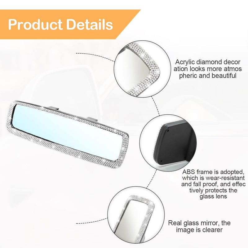 Osilly Bling Car Rearview Mirror, Decorations Rear View Mirror with Crystal Rhinestones & Diamonds, Car Interior Trim Accessories, Clip-on & HD Glass, Sparkly Gift for Mother Women Girls (Silver) - Image 3