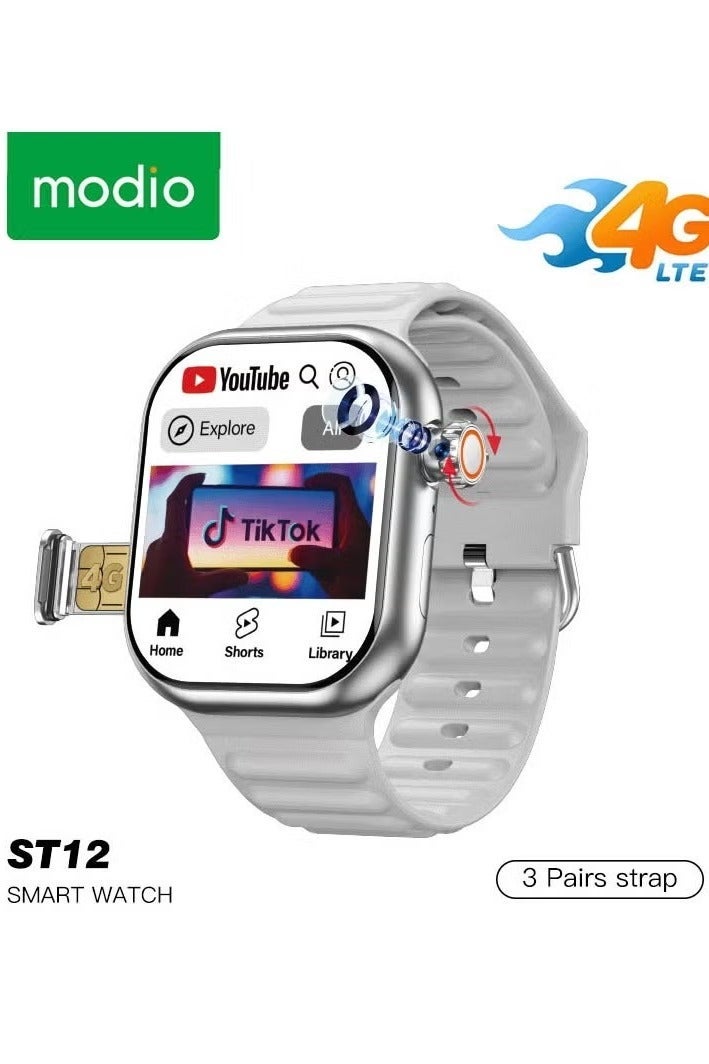 modio ST12 Smart Watch – 2.2-Inch Full Screen Display, 4G SIM Support, 3 Interchangeable Straps & Wireless Charger – Silver – For Men and Women