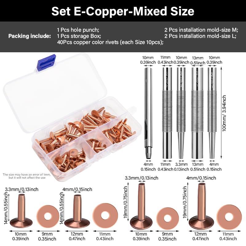 WUTA Copper Rivets and Burrs, 86Pcs, Solid Brass Rust-Proof Studs Leather Copper Rivet for Leather Pure Copper Rivet Setting Tool for Belts Wallets Collars Leather DIY Craft Supplies 4 Sizes (Copper) - Image 2