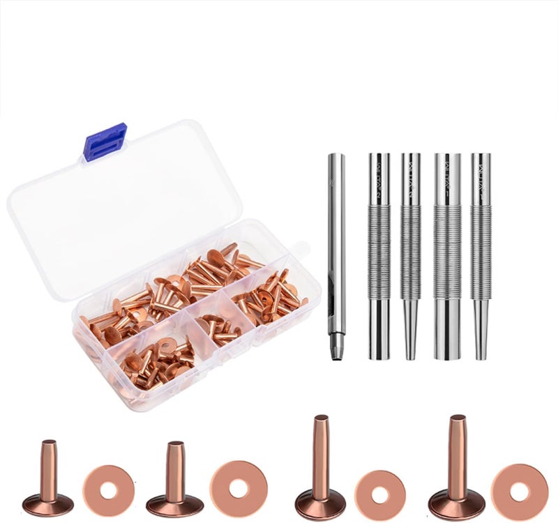WUTA Copper Rivets and Burrs, 86Pcs, Solid Brass Rust-Proof Studs Leather Copper Rivet for Leather Pure Copper Rivet Setting Tool for Belts Wallets Collars Leather DIY Craft Supplies 4 Sizes (Copper) - Image 1