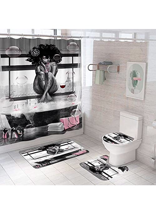 DDS-DUDES DDSDUDES 4Pcs African American Black Girl Waterproof Shower Curtain Sets for Bathroom with Non Slip Rugs Toilet Cover and Bath Mat 12 Plastic Hooks GirlSit 