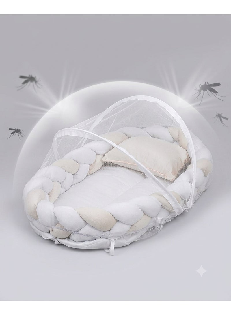 StarKids A portable newborn bed featuring a cozy nest design, a braided protective bumper, and a detachable, built-in mosquito net, ensuring a peaceful, safe, and comfortable sleeping environment for your baby—anytime, anywhere. - Image 4
