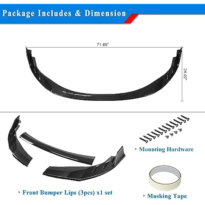 Rolling Gears Front Bumper Lip Spoiler Compatible with 2020-2025 Toyota Corolla LE Front Lip, Gloss Black 3-Piece Bumper Exterior Body Kit - Image 5
