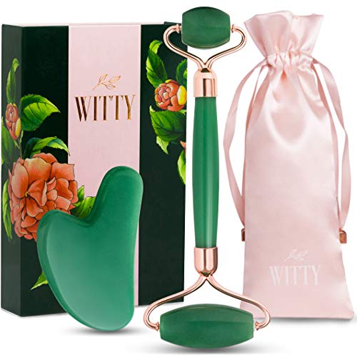 WITTY Jade Face Roller and Gua Sha Set in Hand-Drawn Giftbox - Gua Sha Stone, Face Massager Roller, Beauty Massage Face Scraper Tools - Guasha Tool for Face Roller Skin Care, Eyes, Neck - Extra Pouch - Image 1